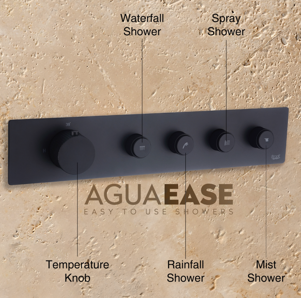 AguaEase wall-mounted multi-function shower control panel with matte black knobs and temperature dial, labeled for waterfall shower, rainfall shower, spray shower, and mist shower functions for customizable luxury bathing experience.