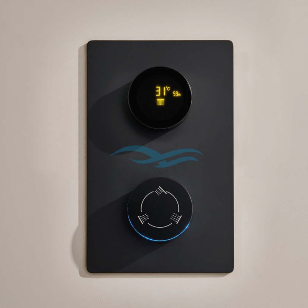 Smart digital shower control panel with black matte finish displaying water temperature at 31°C and timer indicator, featuring illuminated circular touch control for adjusting shower settings in a modern luxury bathroom.