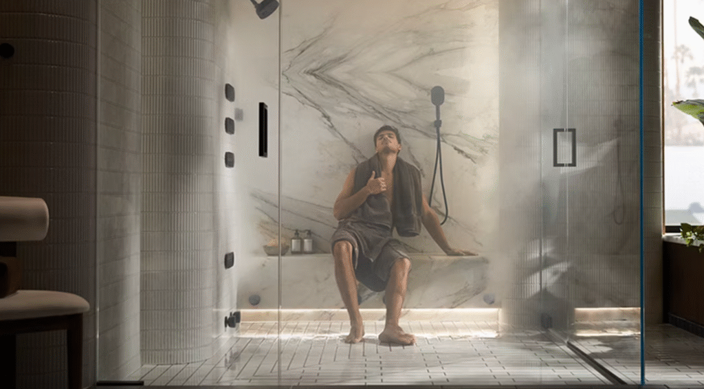 Relaxing steam bath session in a modern home steam shower for wellness and muscle relaxation