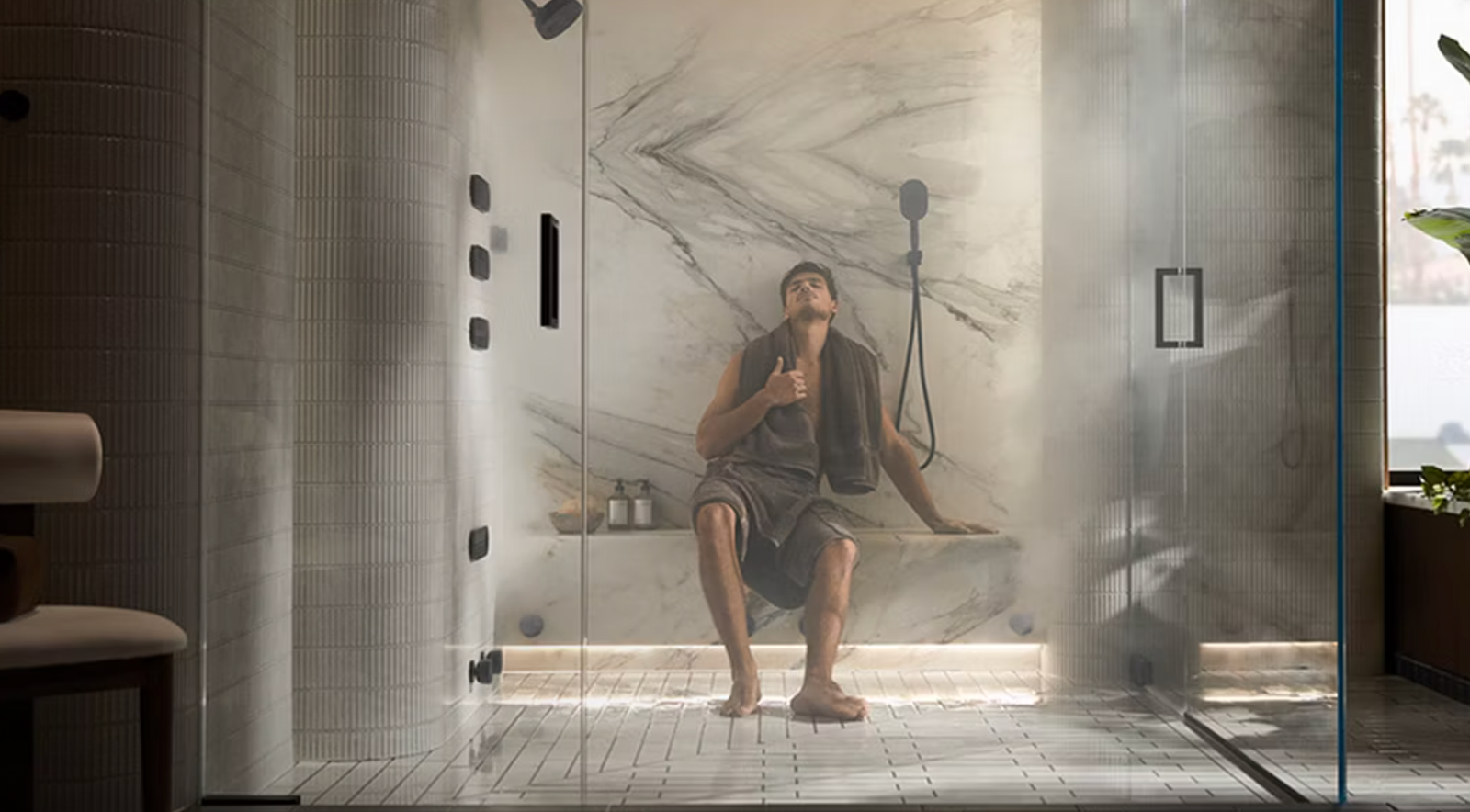 Relaxing steam bath session in a modern home steam shower for wellness and muscle relaxation