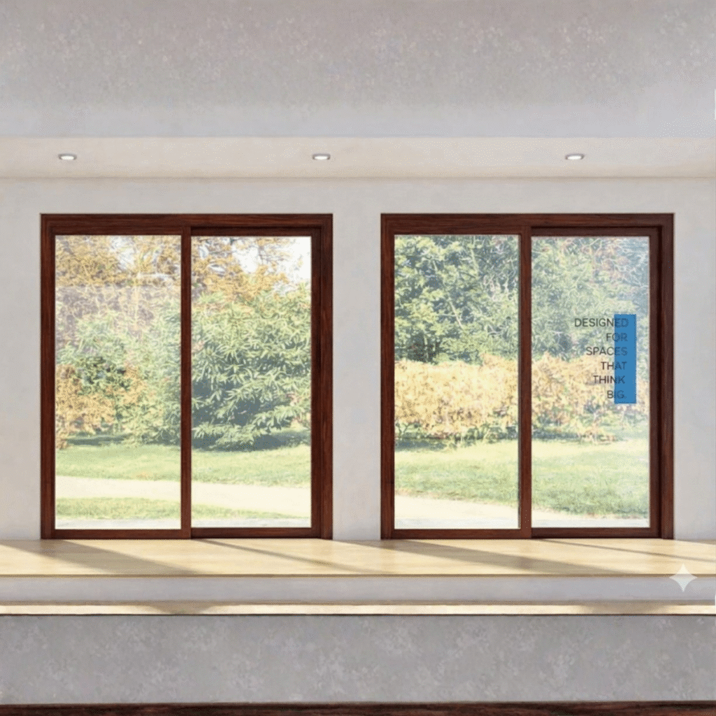 Stylish aluminum doors and windows in wood finish with large glass panels, perfect for modern window design and spacious home interiors