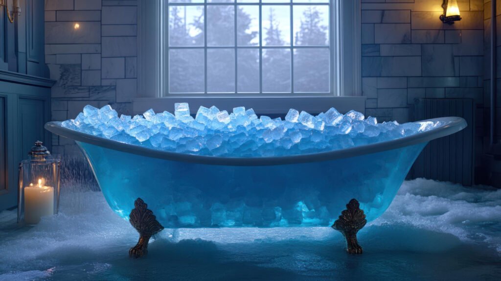 Luxury ice bath tub for home filled with ice in a spa-inspired setting for cold plunge therapy