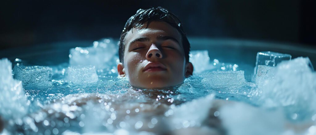Person experiencing cold therapy in an ice bath tub for home for muscle recovery and mental relaxation