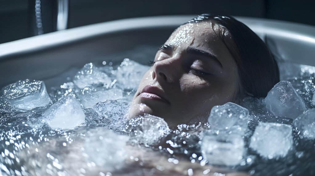 Woman using ice bath tub for home for stress relief, recovery, and improved circulation