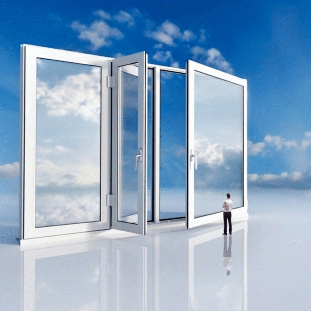 Modern aluminum doors and windows with black frame and grill design showcasing ventilation, security, and sleek aesthetics for contemporary homes