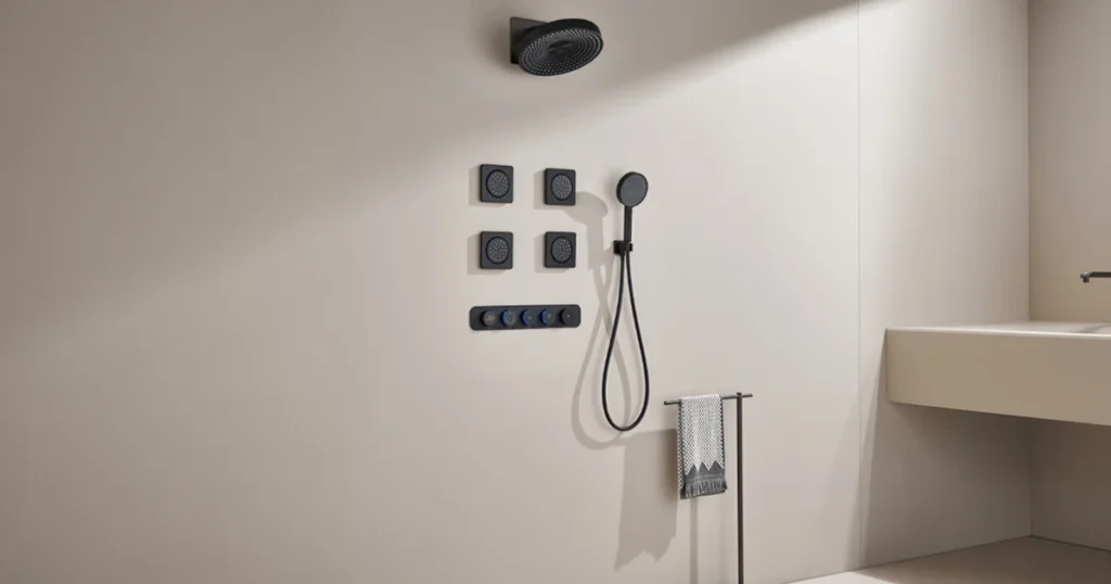 Luxury bathroom setup featuring concealed bathroom diverter with overhead shower, hand shower, and body jets