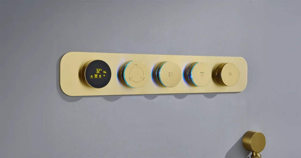 Premium bathroom diverter with digital temperature display and multiple function controls in gold finish