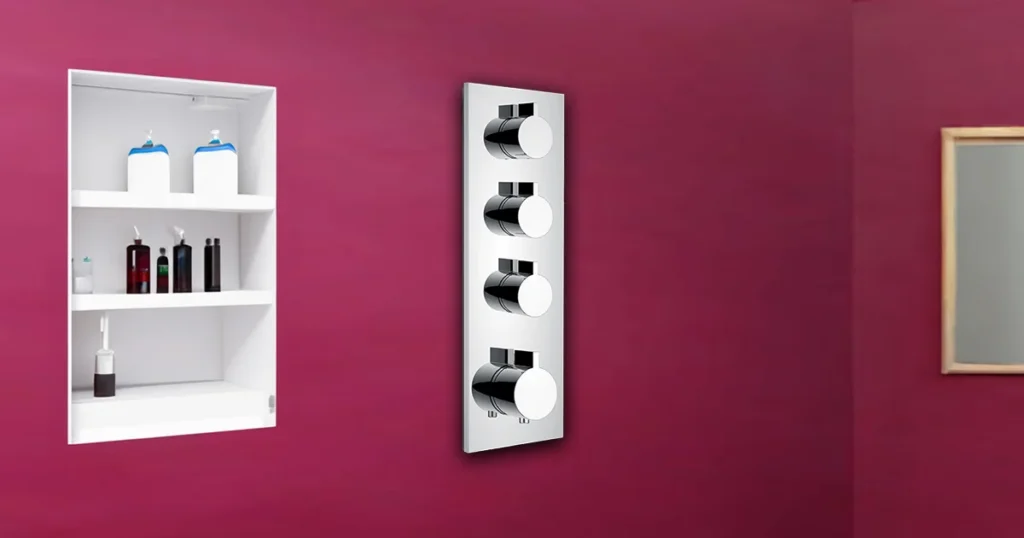 Wall-mounted bathroom diverter in chrome finish designed for multi outlet shower control