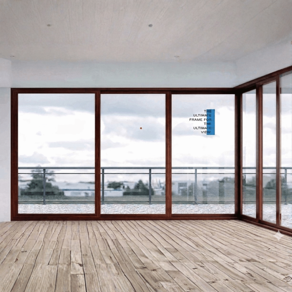 Premium aluminum doors and windows with sliding glass door design opening to a balcony, highlighting modern window design and natural light integration